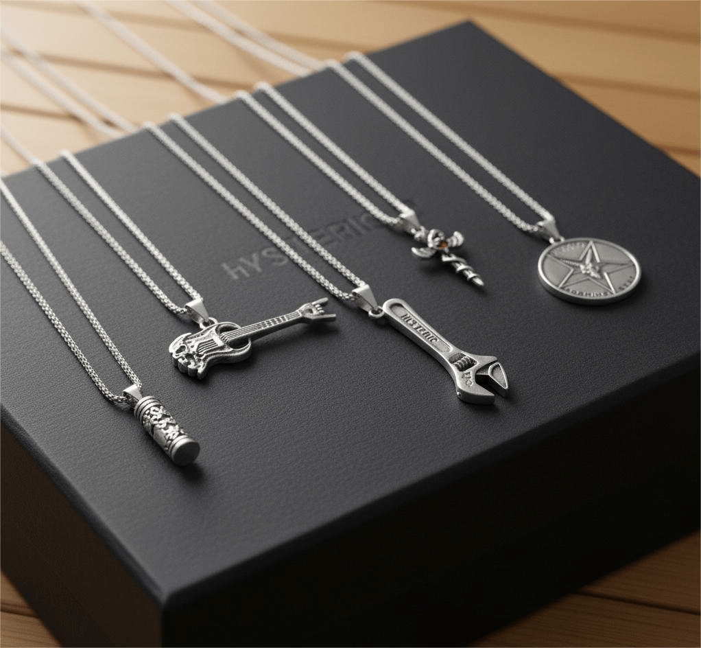 PARADOX COLLECTIVE High Stakes 5-Piece Collector's Pendant Set – WRENCH, SKULL ROCKING GUITAR, ZEN-CYLINDER, SWORD OF ANGLE, & GOAT STAR Necklaces on 24 Inch Stainless Steel Chain for Mens and Boys - THE MEN THING