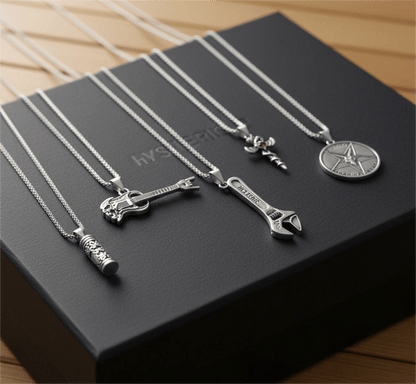 PARADOX COLLECTIVE High Stakes 5-Piece Collector's Pendant Set – WRENCH, SKULL ROCKING GUITAR, ZEN-CYLINDER, SWORD OF ANGLE, & GOAT STAR Necklaces on 24 Inch Stainless Steel Chain for Mens and Boys - THE MEN THING