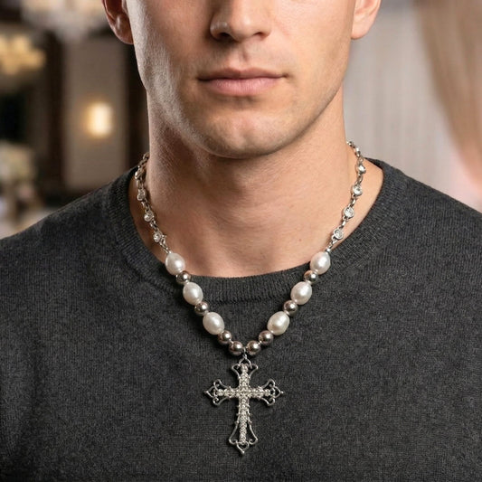 PEARL CROSS - 39mm Titanium Steel Pendant with 22inch Necklace for Men & Boys - THE MEN THING