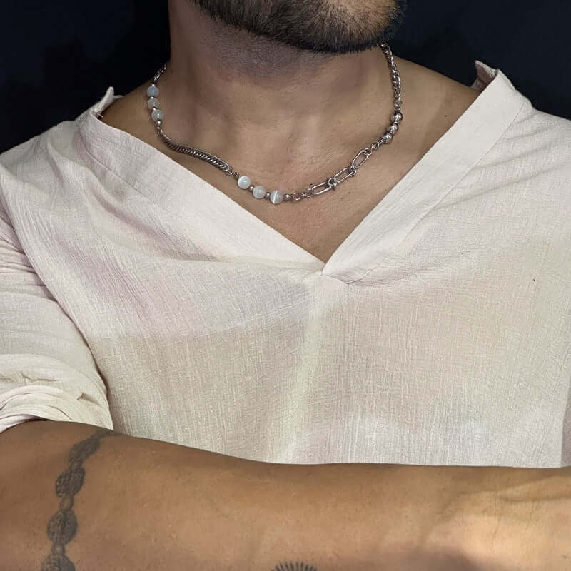 PEARLIZED AMALGAMATION - Stylish Trigon Pearl Necklaces Fusioned with Steel Chain for men and boys (22 Inch) — Pearl / Bead Necklace for Men | THE MEN THING