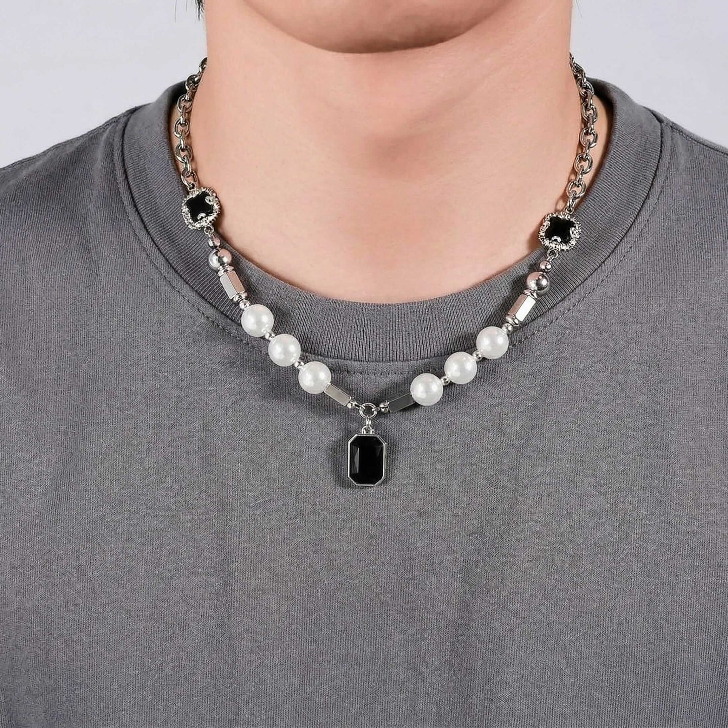 PEARLUX NOIR - 13mm Titanium Steel Pendant with 19 to 21inch Adjustable Cable 8mm Chain for Men & Boys — SS Pendant/ Necklace for Men | THE MEN THING