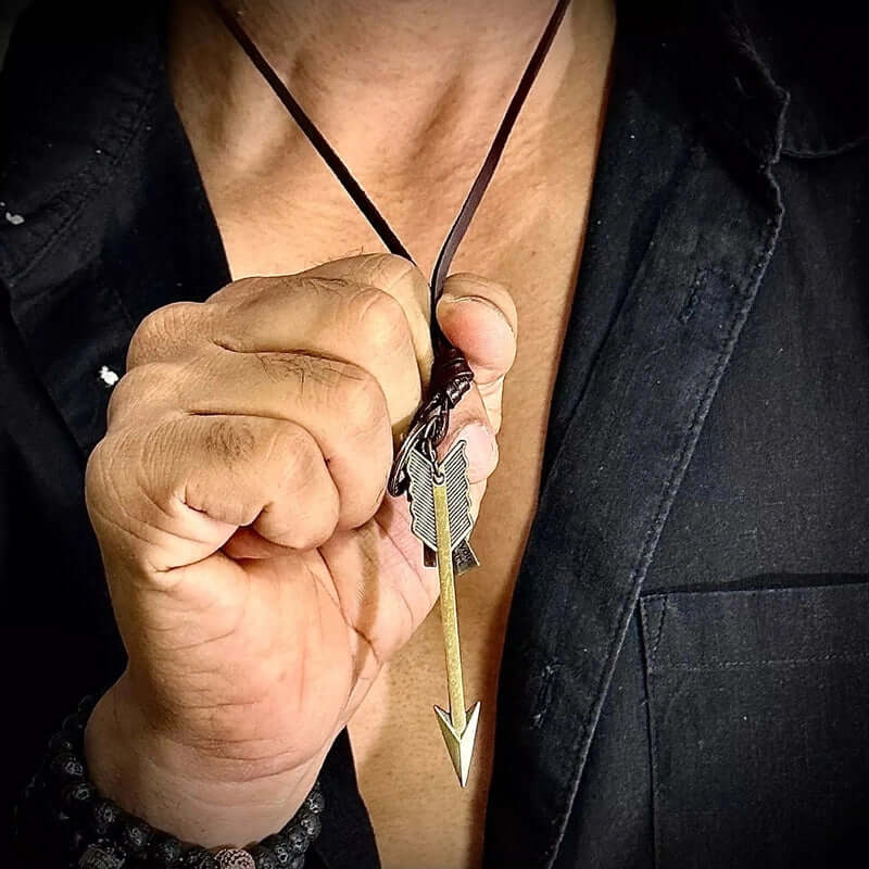 PIERCING HEART - Vintage Alloy Golden Arrow Pendant with Adjustable Pure Leather Cord Necklace for Men & Boys — Leather Necklace for Men | THE MEN THING