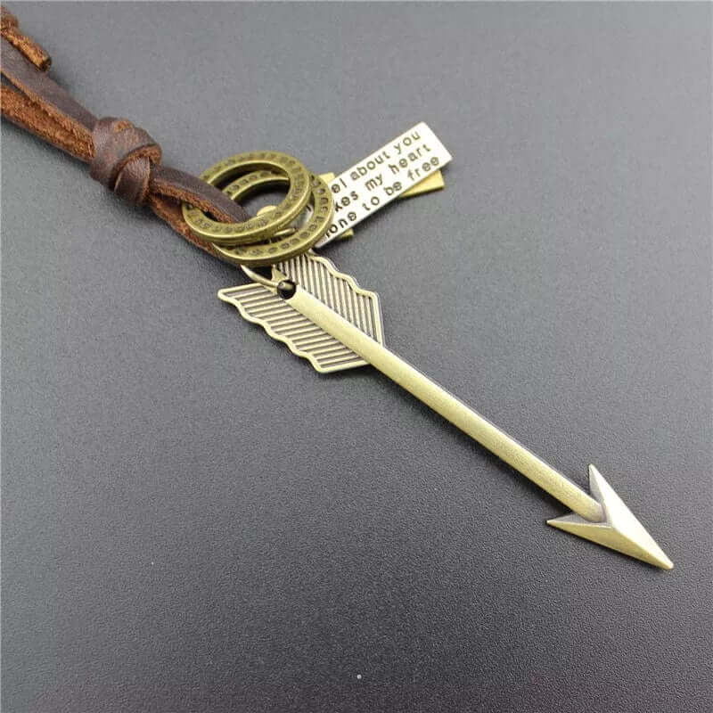 PIERCING HEART - Vintage Alloy Golden Arrow Pendant with Adjustable Pure Leather Cord Necklace for Men & Boys — Leather Necklace for Men | THE MEN THING