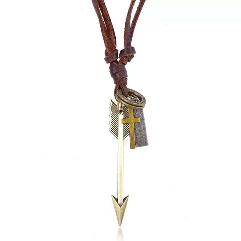 PIERCING HEART - Vintage Alloy Golden Arrow Pendant with Adjustable Pure Leather Cord Necklace for Men & Boys — Leather Necklace for Men | THE MEN THING