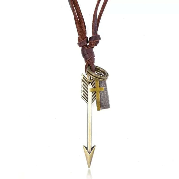 PIERCING HEART - Vintage Alloy Golden Arrow Pendant with Adjustable Pure Leather Cord Necklace for Men & Boys