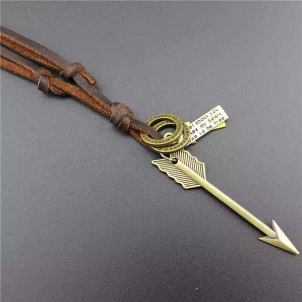PIERCING HEART - Vintage Alloy Golden Arrow Pendant with Adjustable Pure Leather Cord Necklace for Men & Boys