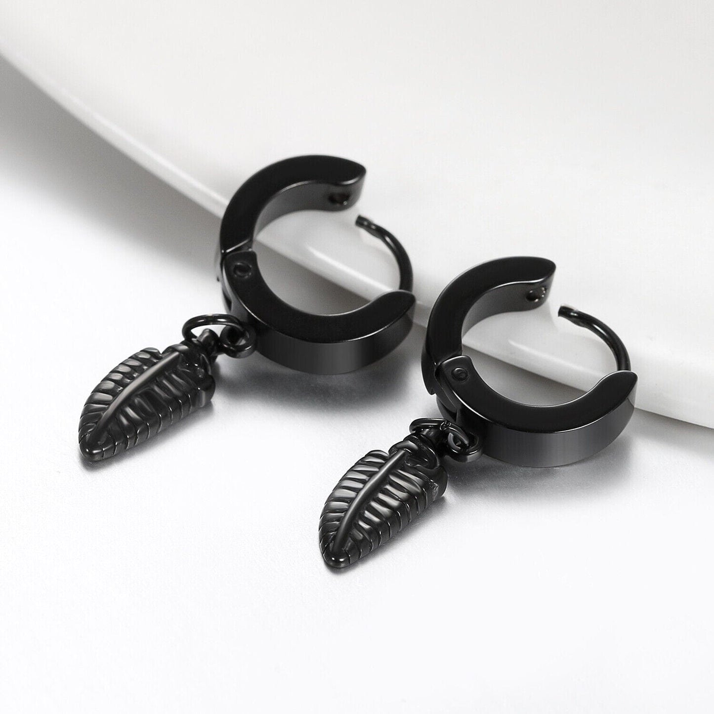 PLUME BLACK - Pure Titanium Steel Ear Hoop Earrings for Men & Boys (2 Pcs) - THE MEN THING