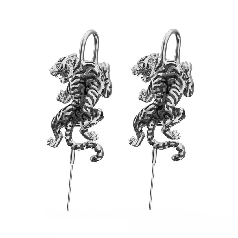 POUNCE TIGER - Pure Titanium Steel Ear Crawler Hook Pin Cuff Earrings for Men & Boys (2 Pcs) - THE MEN THING