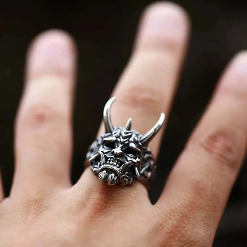 PRAJNA DEMON MASK - Black Oxy Pure Titanium Steel Rings For Men (Size :  17-21- 24-26) - THE MEN THING