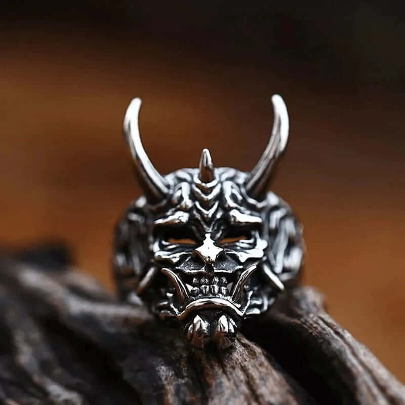 PRAJNA DEMON MASK - Black Oxy Pure Titanium Steel Rings For Men (Size :  17-21- 24-26) - THE MEN THING
