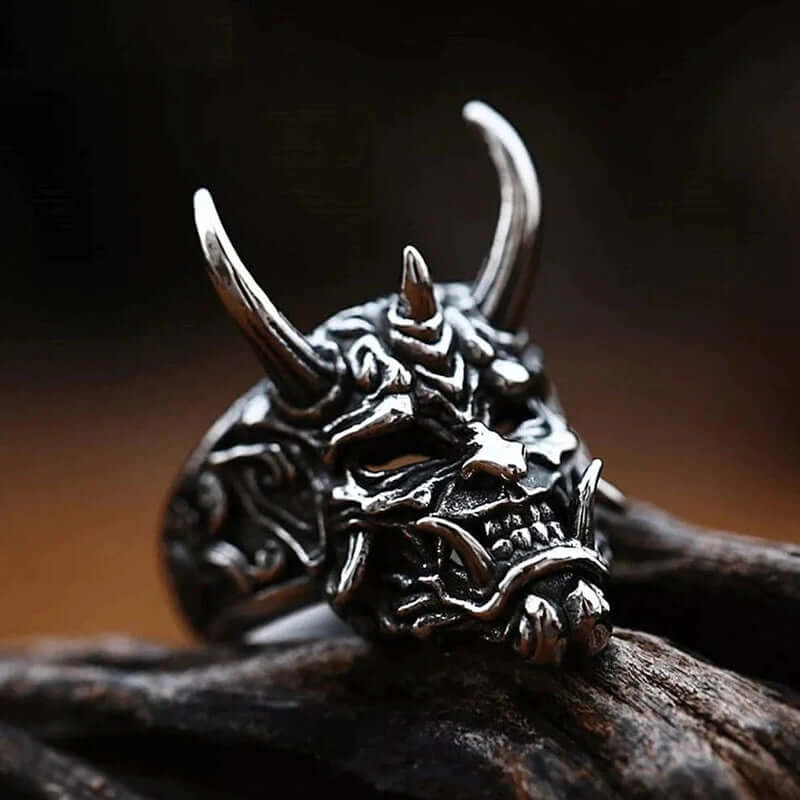 PRAJNA DEMON MASK - Black Oxy Pure Titanium Steel Rings For Men (Size :  17-21- 24-26) - THE MEN THING