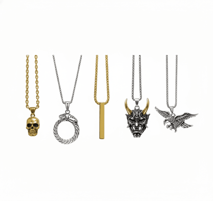 PREDATOR’S HOARD High Value 5-Piece Men’s Pendant Set – EAGLE - HUNTER, GILD SKULL, SERPENT OF ETERNITY, GOLDEN HORN, & SLEEK GOLD Necklaces on 24 Inch Stainless Steel Chain for Mens and Boys - THE MEN THING