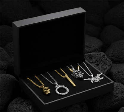 PREDATOR’S HOARD High Value 5-Piece Men’s Pendant Set – EAGLE - HUNTER, GILD SKULL, SERPENT OF ETERNITY, GOLDEN HORN, & SLEEK GOLD Necklaces on 24 Inch Stainless Steel Chain for Mens and Boys - THE MEN THING
