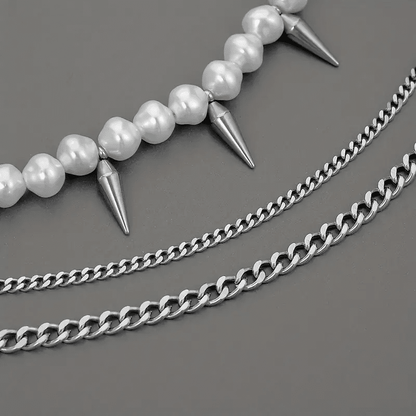 PRISMATIC PEARL ARMORY -  Pearl Necklace with Man Stainless Steel Cuban Chain Spikes Pendant Necklace for Men & Boys  (18 - 21 Inch) - THE MEN THING