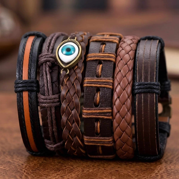 PROTECTOR GAZE - 6 Pcs Genuine Leather Adjustable Bracelet for Men & Boys