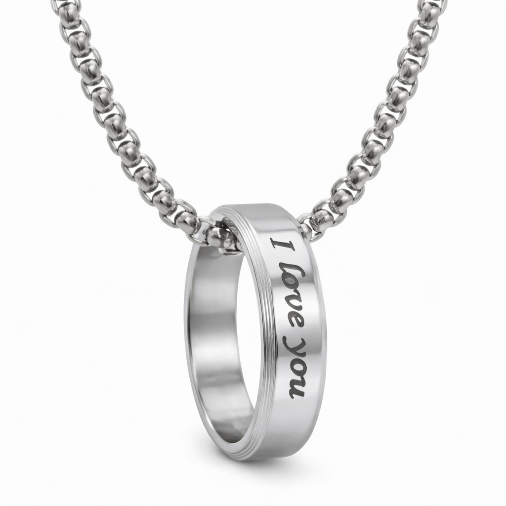 Personalised Name Engraved - Ring in Necklace | My Words, My Love  - Pure Titanium Steel  Pendant with 24inch Round Box 4mm Chain for Men & Boys - THE MEN THING