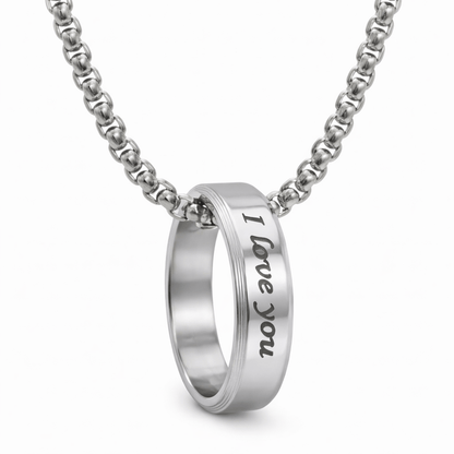 Personalised Name Engraved - Ring in Necklace | My Words, My Love  - Pure Titanium Steel  Pendant with 24inch Round Box 4mm Chain for Men & Boys - THE MEN THING