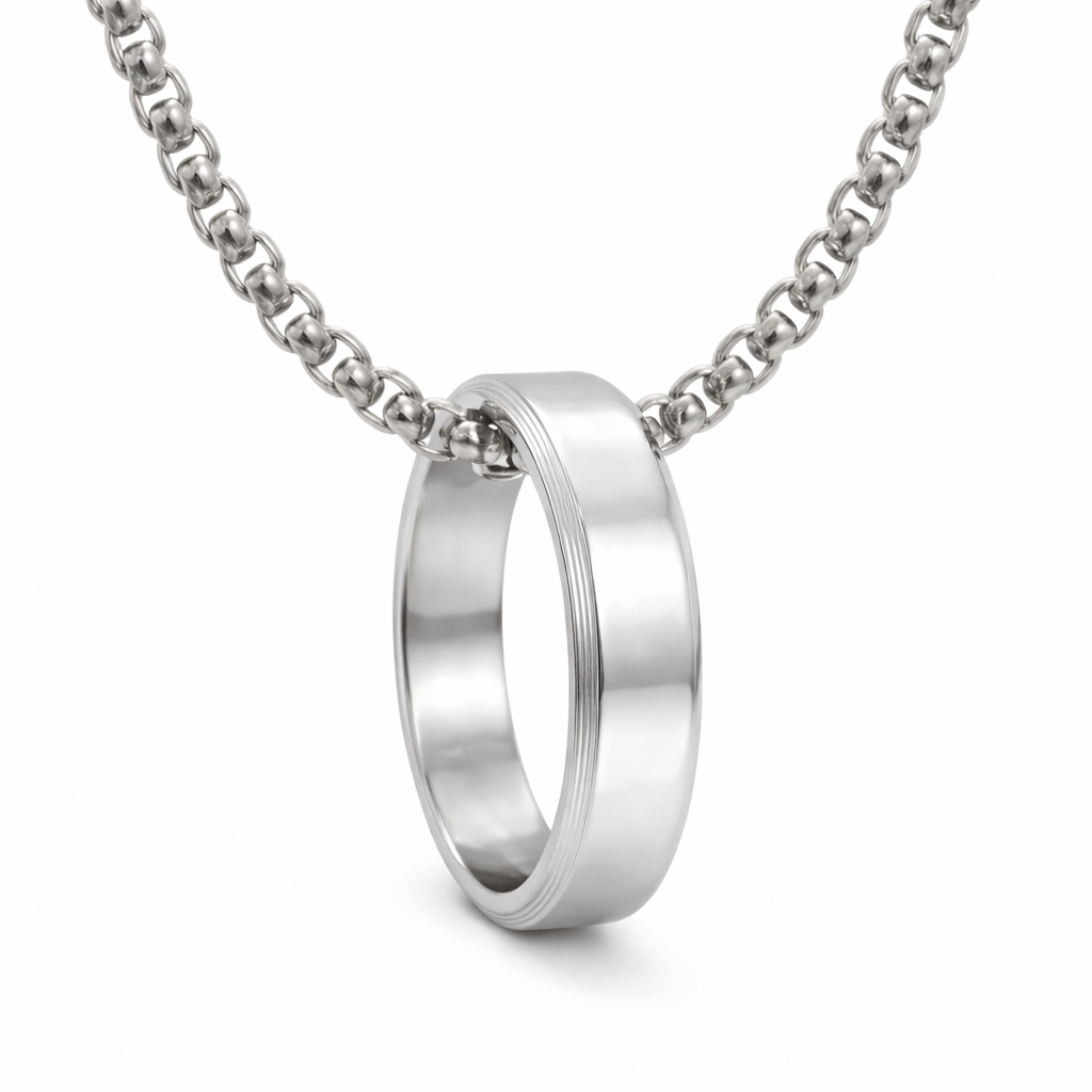 Personalised Name Engraved - Ring in Necklace | My Words, My Love  - Pure Titanium Steel  Pendant with 24inch Round Box 4mm Chain for Men & Boys - THE MEN THING
