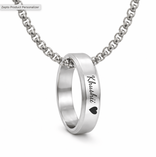 Personalised Name Engraved - Ring in Necklace | My Words, My Love  - Pure Titanium Steel  Pendant with 24inch Round Box 4mm Chain for Men & Boys - THE MEN THING