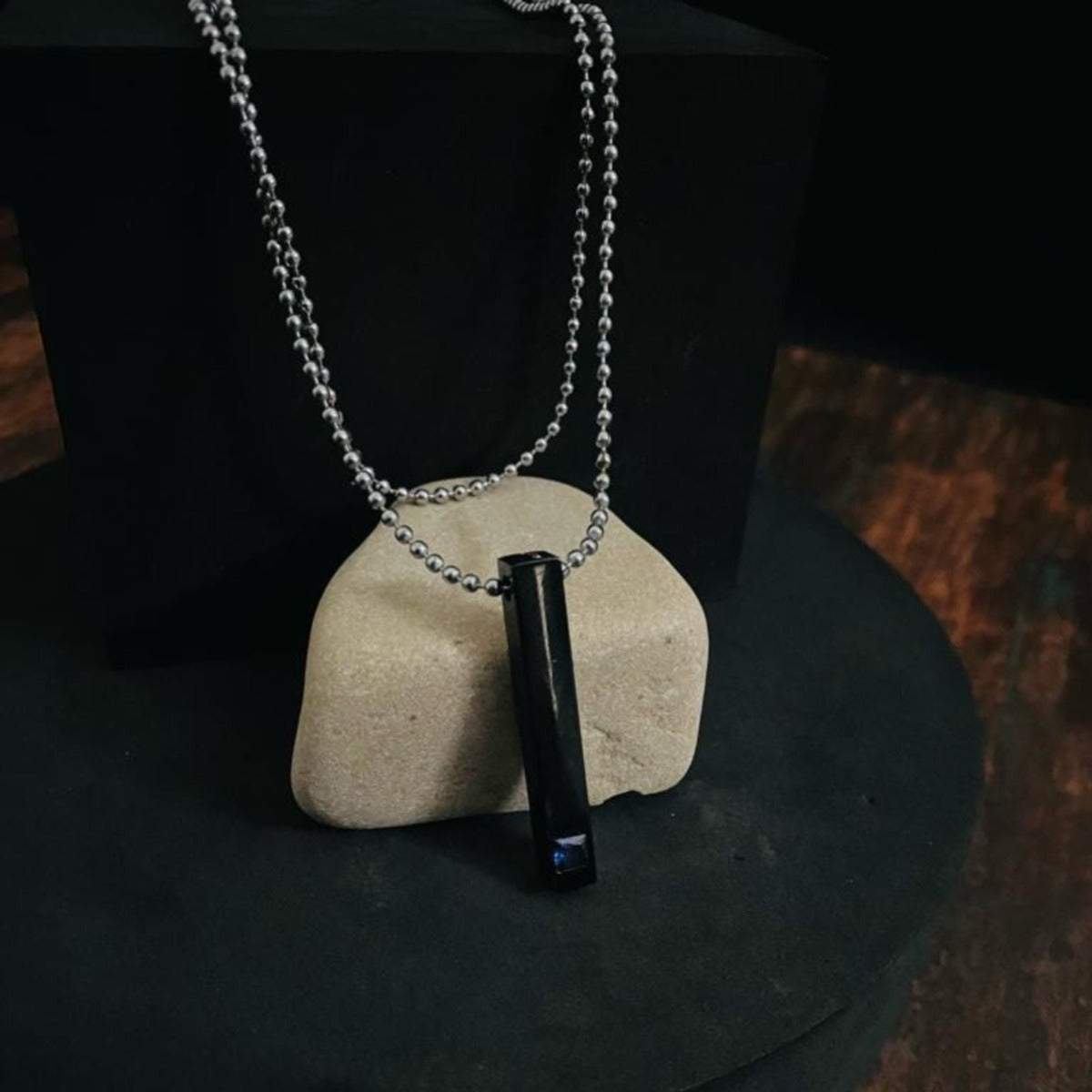 The Men Thing Pendant For Men - Pure Titanium Steel Blue 3D Crystal With Black Cuboid Vertical Bar
