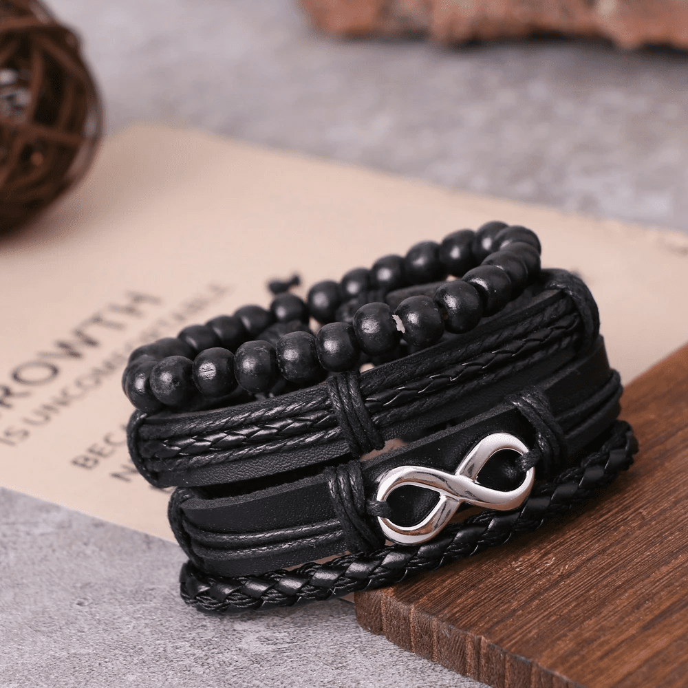 QUADRA-FUSION INFINITY SILVER - 4 Pcs Black Genuine Braided Leather Bracelet Set, Tribal Woven Ethnic Wrap Infinity Bracelet for Men & Boys (8 inch) — Leather Necklace for Men | THE MEN THING