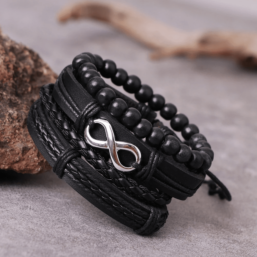 QUADRA-FUSION INFINITY SILVER - 4 Pcs Black Genuine Braided Leather Bracelet Set, Tribal Woven Ethnic Wrap Infinity Bracelet for Men & Boys (8 inch) — Leather Necklace for Men | THE MEN THING