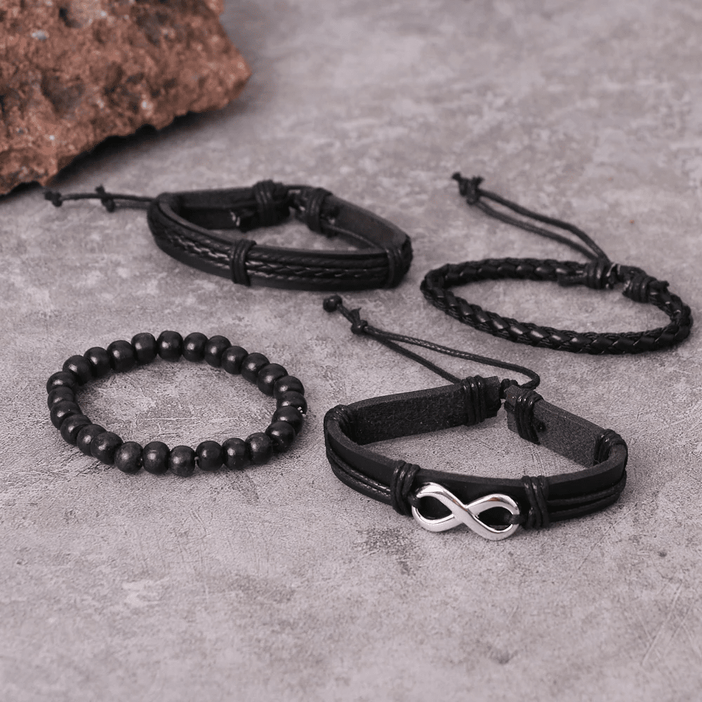 QUADRA-FUSION INFINITY SILVER - 4 Pcs Black Genuine Braided Leather Bracelet Set, Tribal Woven Ethnic Wrap Infinity Bracelet for Men & Boys (8 inch) — Leather Necklace for Men | THE MEN THING