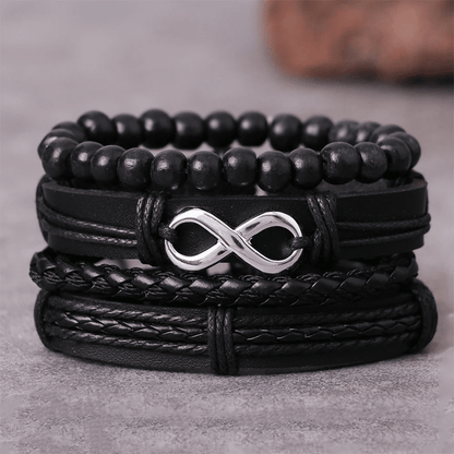 QUADRA-FUSION INFINITY SILVER - 4 Pcs Black Genuine Braided Leather Bracelet Set, Tribal Woven Ethnic Wrap Infinity Bracelet for Men & Boys (8 inch) — Leather Necklace for Men | THE MEN THING