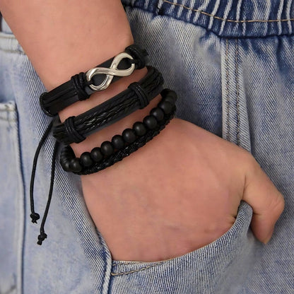 QUADRA-FUSION INFINITY SILVER - 4 Pcs Black Genuine Braided Leather Bracelet Set, Tribal Woven Ethnic Wrap Infinity Bracelet for Men & Boys (8 inch) — Leather Necklace for Men | THE MEN THING