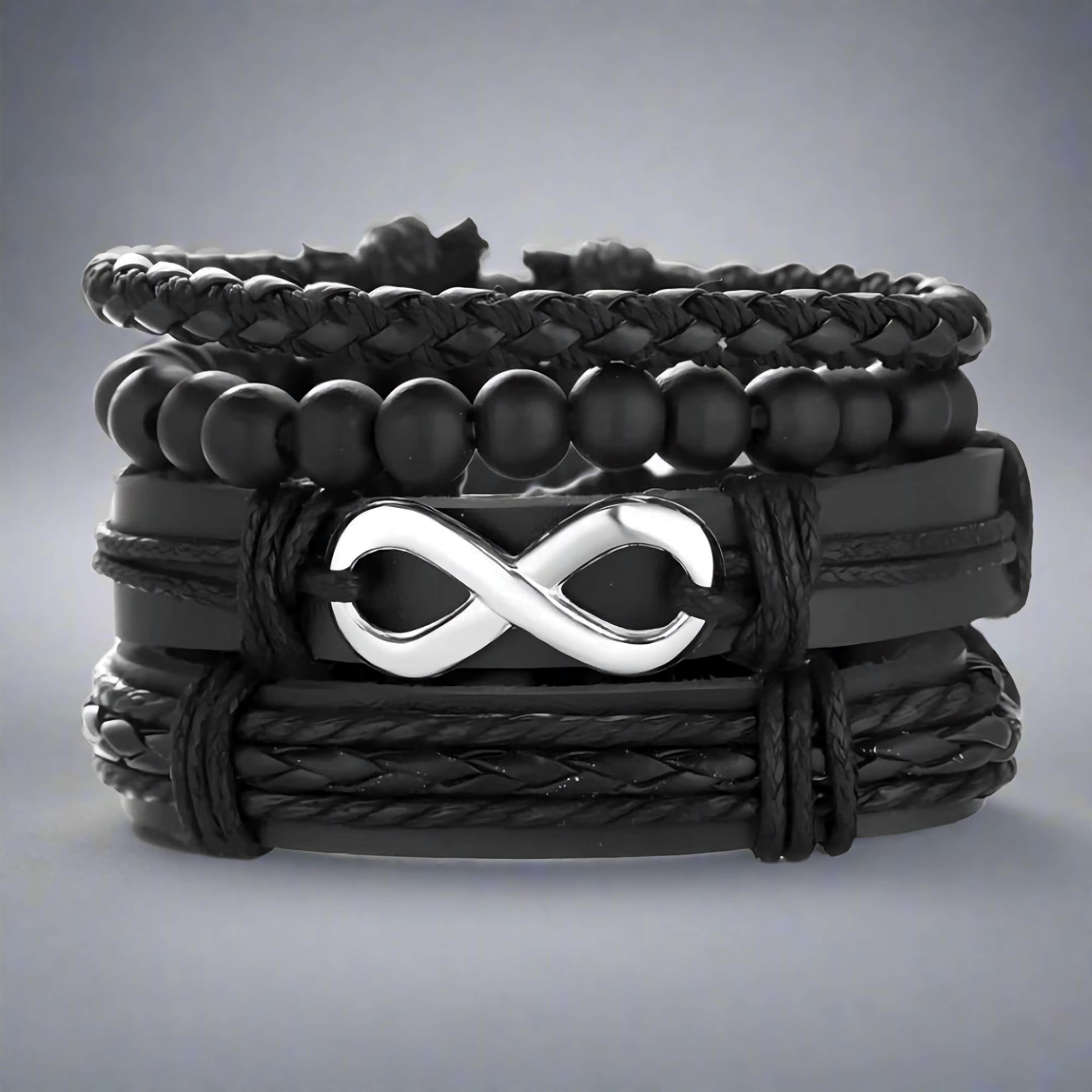 QUADRA-FUSION INFINITY SILVER - 4 Pcs Black Genuine Braided Leather Bracelet Set, Tribal Woven Ethnic Wrap Infinity Bracelet for Men & Boys (8 inch) — Leather Necklace for Men | THE MEN THING