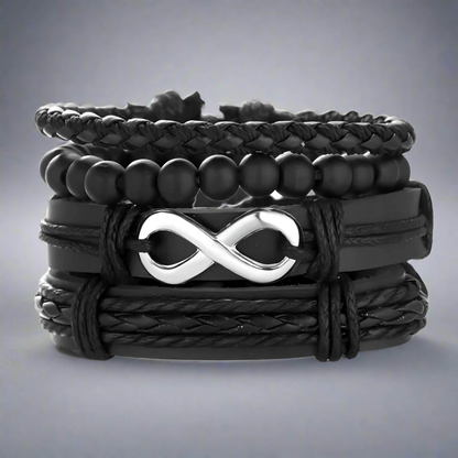 QUADRA-FUSION INFINITY SILVER - 4 Pcs Black Genuine Braided Leather Bracelet Set, Tribal Woven Ethnic Wrap Infinity Bracelet for Men & Boys (8 inch) — Leather Necklace for Men | THE MEN THING