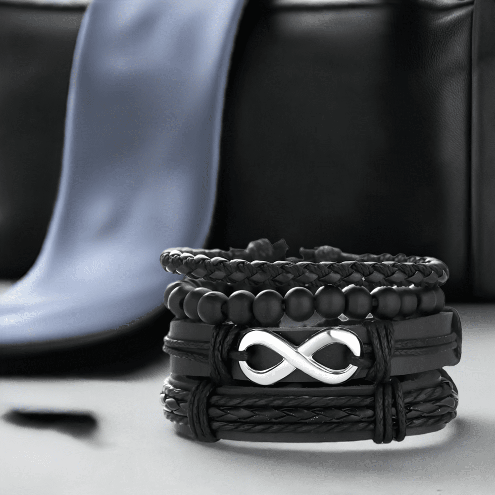 QUADRA-FUSION INFINITY SILVER - 4 Pcs Black Genuine Braided Leather Bracelet Set, Tribal Woven Ethnic Wrap Infinity Bracelet for Men & Boys (8 inch) — Leather Necklace for Men | THE MEN THING