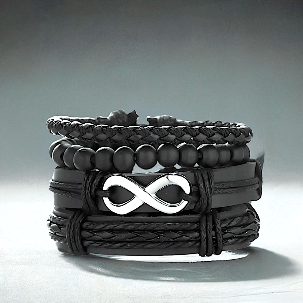 QUADRA-FUSION INFINITY SILVER - 4 Pcs Black Genuine Braided Leather Bracelet Set, Tribal Woven Ethnic Wrap Infinity Bracelet for Men & Boys (8 inch) — Leather Necklace for Men | THE MEN THING