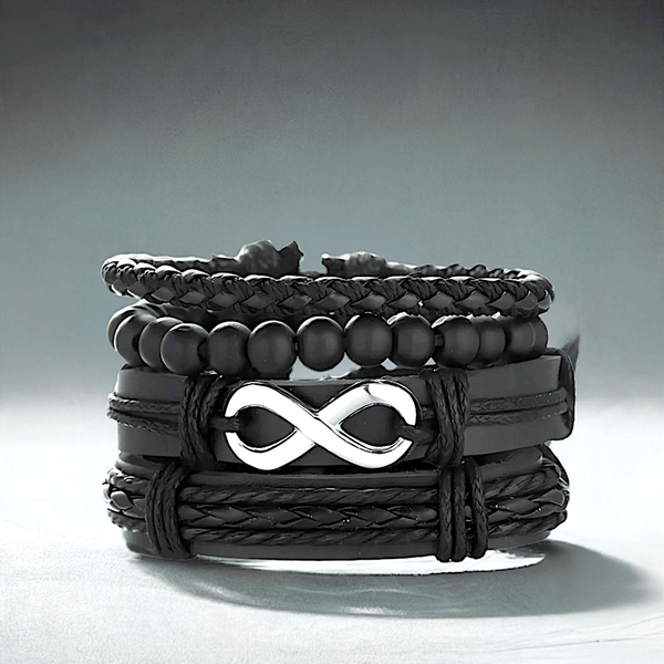 QUADRA-FUSION INFINITY SILVER - 4 Pcs Black Genuine Braided Leather Bracelet Set, Tribal Woven Ethnic Wrap Infinity Bracelet for Men & Boys (8 inch)