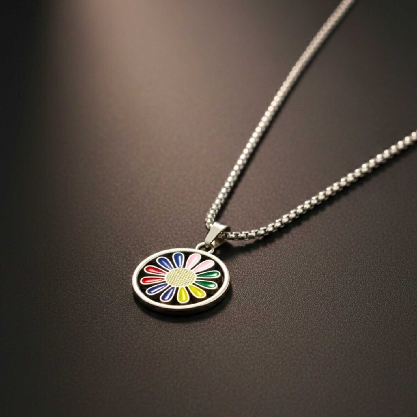 RAINBOW DAISY - 27mm Pure Titanium Steel Pendant with 27inch Round Box 4mm Chain for Men & Boys — SS Pendant/ Necklace for Men | THE MEN THING