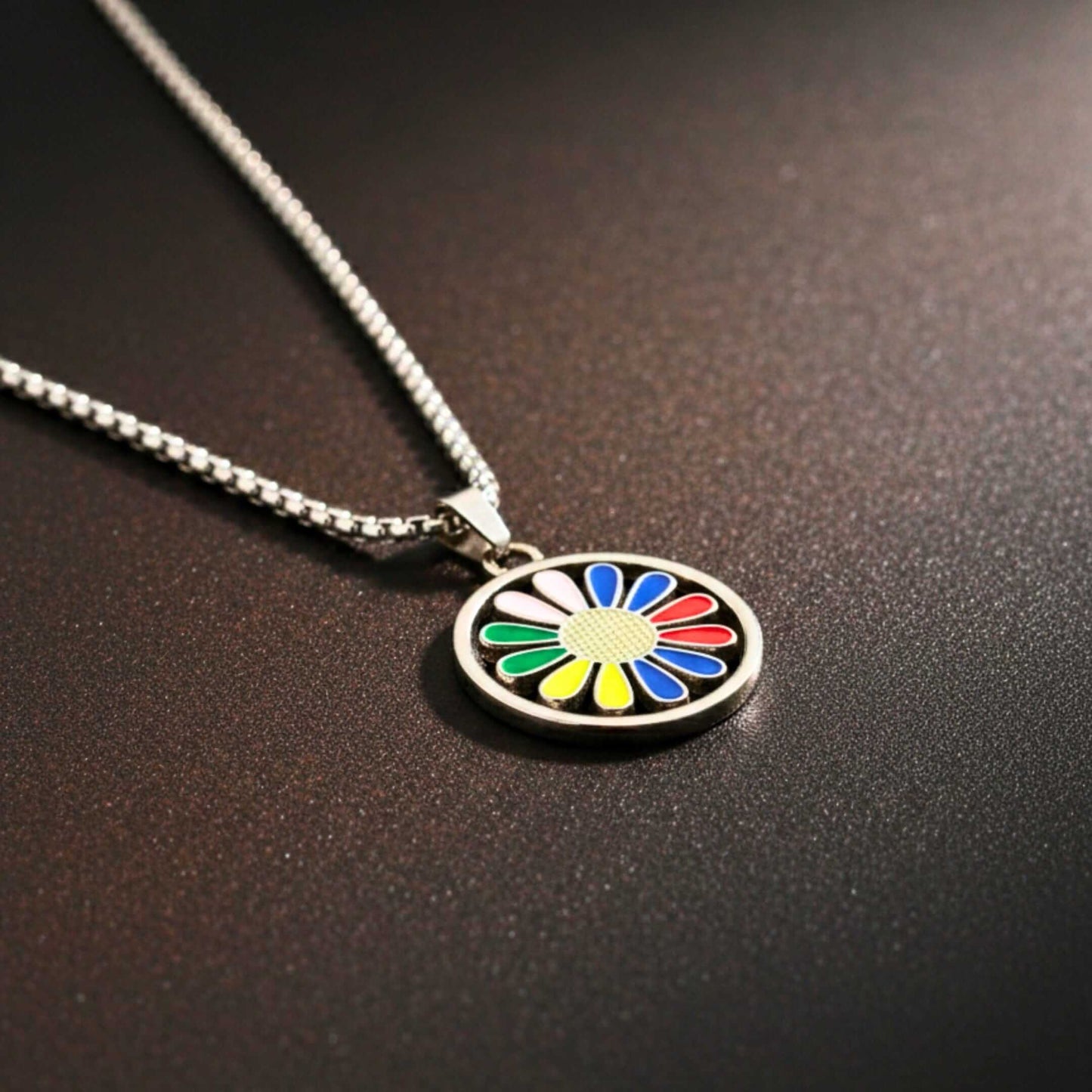 RAINBOW DAISY - 27mm Pure Titanium Steel Pendant with 27inch Round Box 4mm Chain for Men & Boys — SS Pendant/ Necklace for Men | THE MEN THING