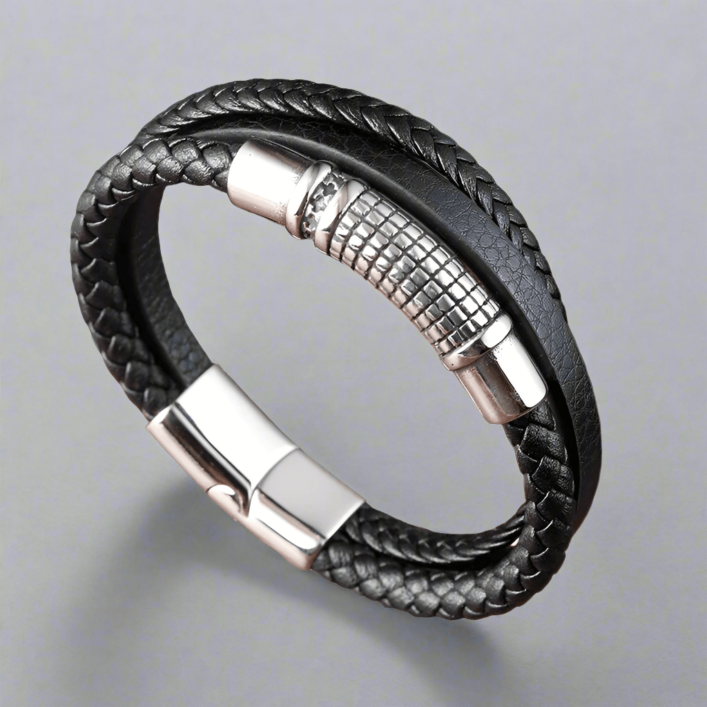 RAVEN NEXA BLACK - Genuine Leather Multi-Layer Braided Bracelet with Stainless Steel Magnetic Buckle for Men & Boys (8 inch) - THE MEN THING