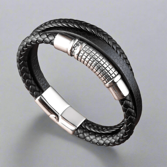 RAVEN NEXA BLACK - Genuine Leather Multi-Layer Braided Bracelet with Stainless Steel Magnetic Buckle for Men & Boys (8 inch) - THE MEN THING
