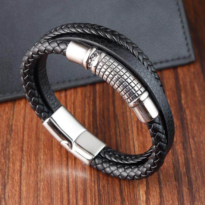 RAVEN NEXA BLACK - Genuine Leather Multi-Layer Braided Bracelet with Stainless Steel Magnetic Buckle for Men & Boys (8 inch) - THE MEN THING