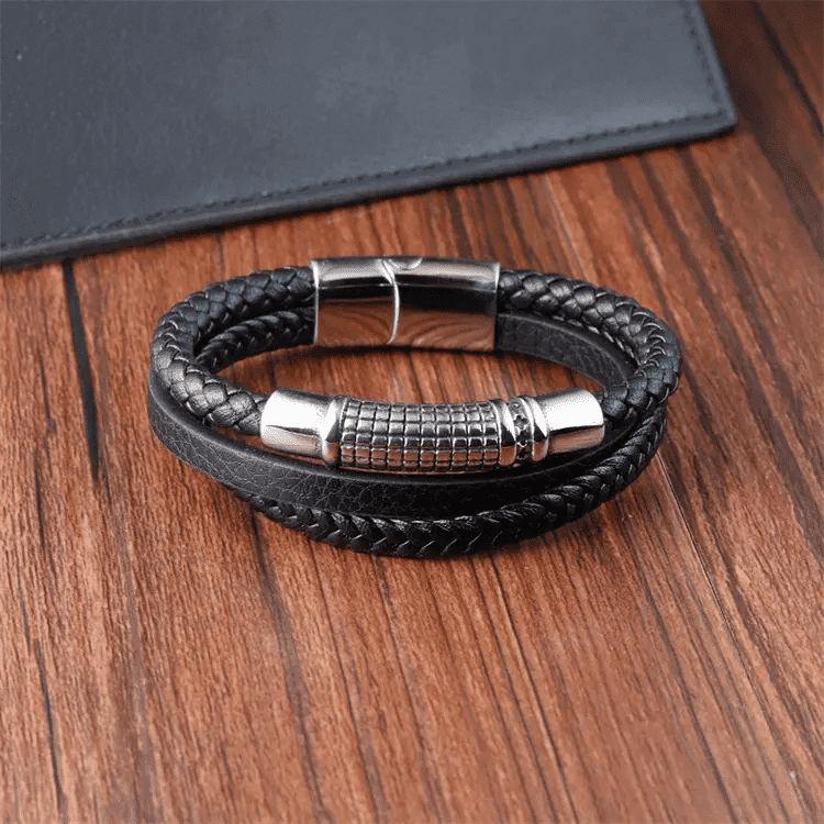 RAVEN NEXA BLACK - Genuine Leather Multi-Layer Braided Bracelet with Stainless Steel Magnetic Buckle for Men & Boys (8 inch) - THE MEN THING