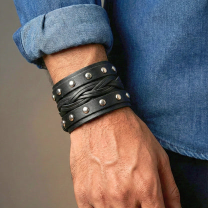 REBEL EDGE - 70mm Black Genuine Leather Adjustable Bracelet for Men & Boys (10 inch) - THE MEN THING