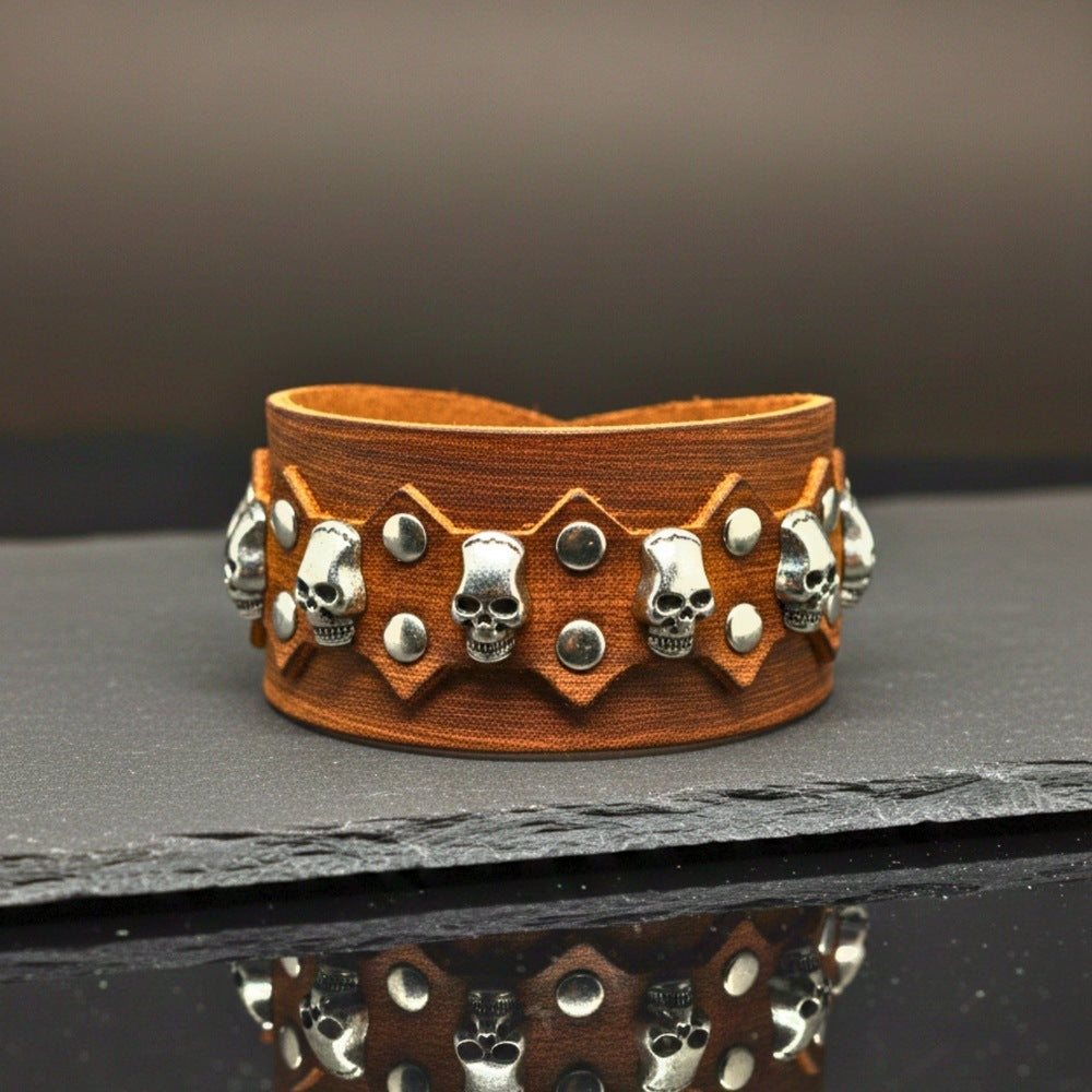 REBEL SKULL - 38mm Brown Genuine Leather Adjustable Bracelet for Men & Boys (7.5-8.2-8.8 inch) - THE MEN THING
