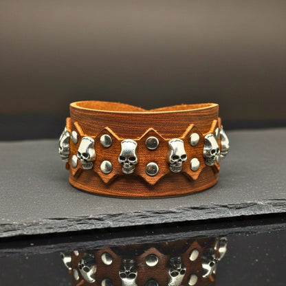 REBEL SKULL - 38mm Brown Genuine Leather Adjustable Bracelet for Men & Boys (7.5-8.2-8.8 inch) - THE MEN THING