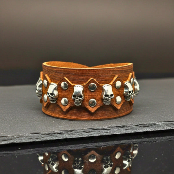 REBEL SKULL - 38mm Brown Genuine Leather Adjustable Bracelet for Men & Boys (7.5-8.2-8.8 inch)