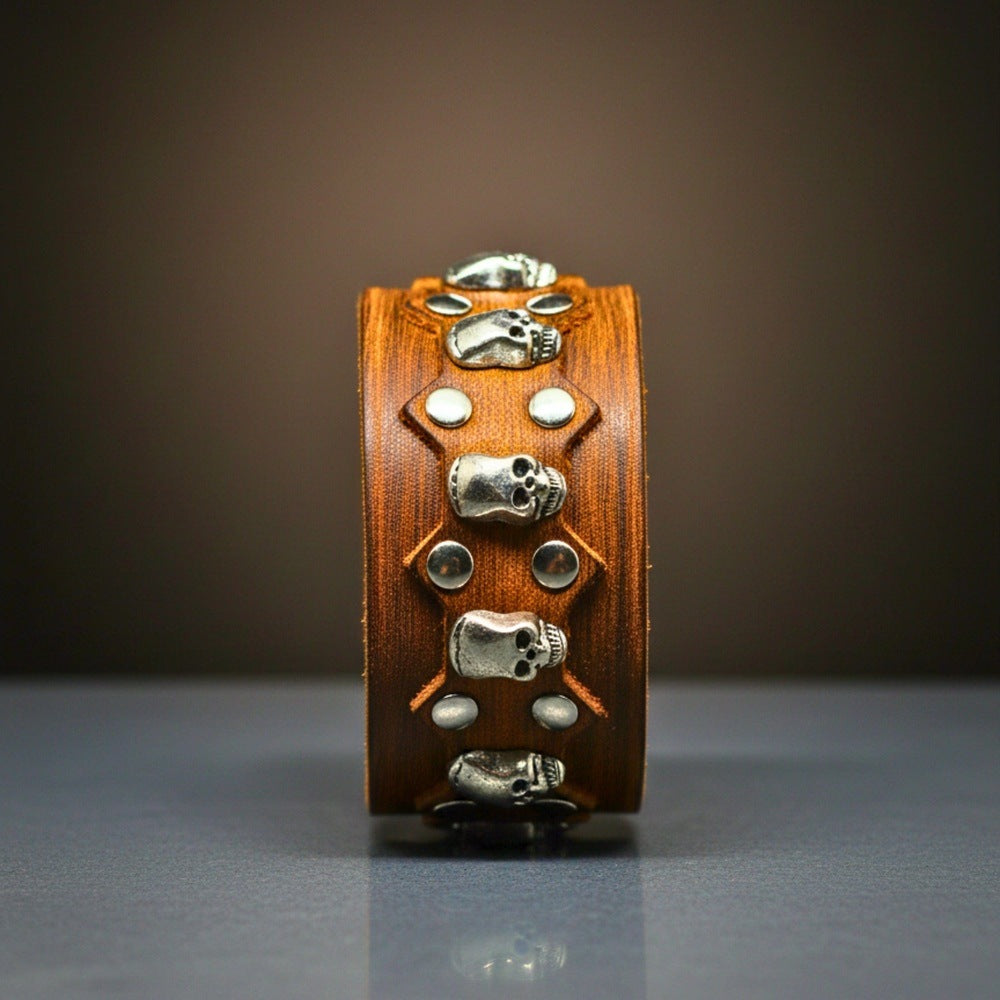 REBEL SKULL - 38mm Brown Genuine Leather Adjustable Bracelet for Men & Boys (7.5-8.2-8.8 inch) - THE MEN THING