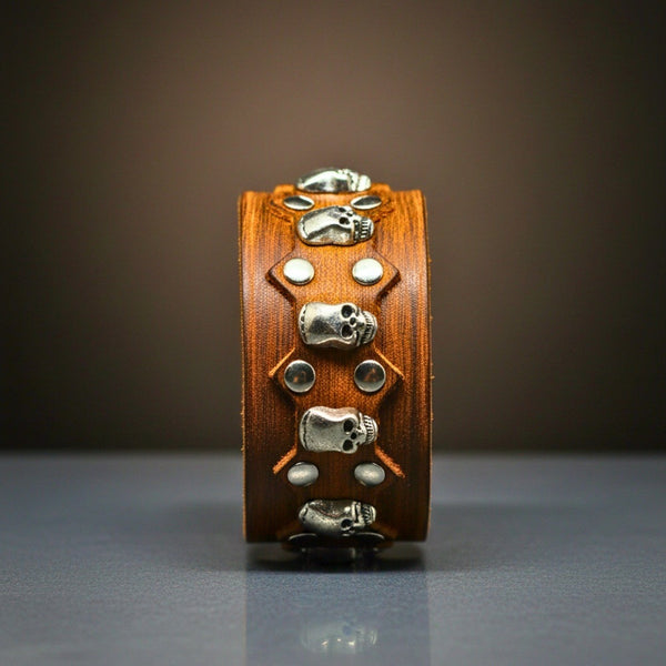 REBEL SKULL - 38mm Brown Genuine Leather Adjustable Bracelet for Men & Boys (7.5-8.2-8.8 inch)