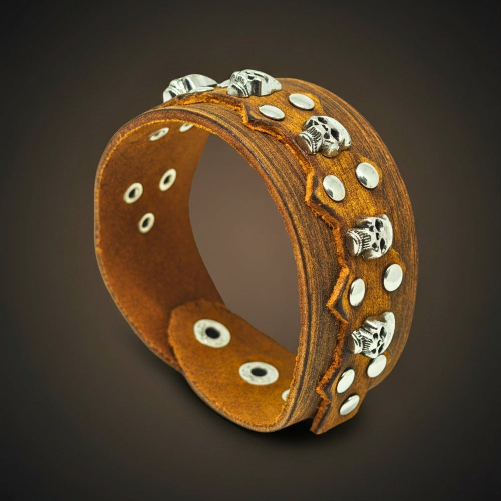 REBEL SKULL - 38mm Brown Genuine Leather Adjustable Bracelet for Men & Boys (7.5-8.2-8.8 inch) - THE MEN THING