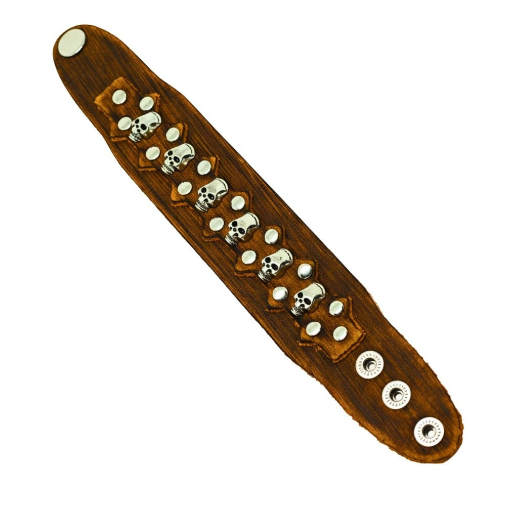 REBEL SKULL - 38mm Brown Genuine Leather Adjustable Bracelet for Men & Boys (7.5-8.2-8.8 inch) - THE MEN THING