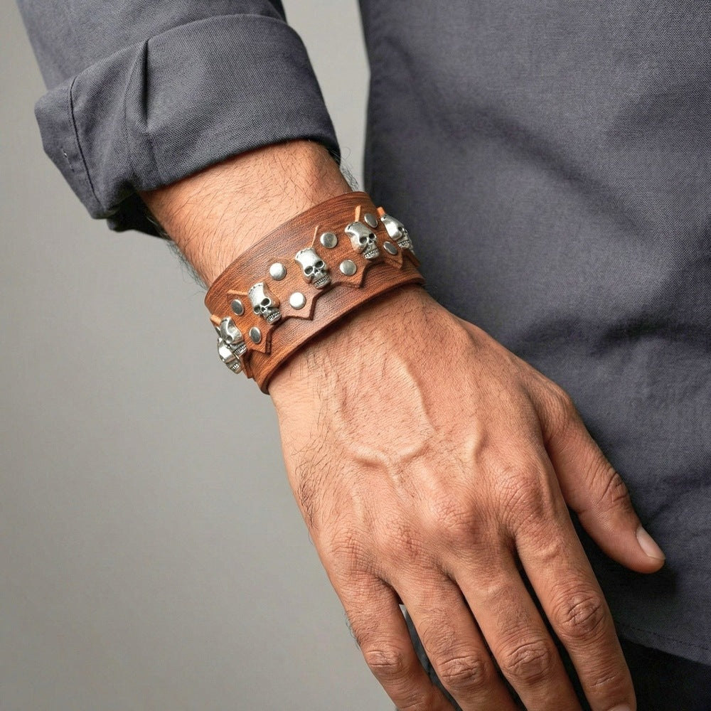 REBEL SKULL - 38mm Brown Genuine Leather Adjustable Bracelet for Men & Boys (7.5-8.2-8.8 inch) - THE MEN THING