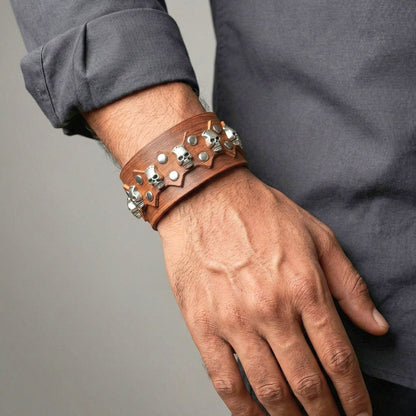 REBEL SKULL - 38mm Brown Genuine Leather Adjustable Bracelet for Men & Boys (7.5-8.2-8.8 inch) - THE MEN THING